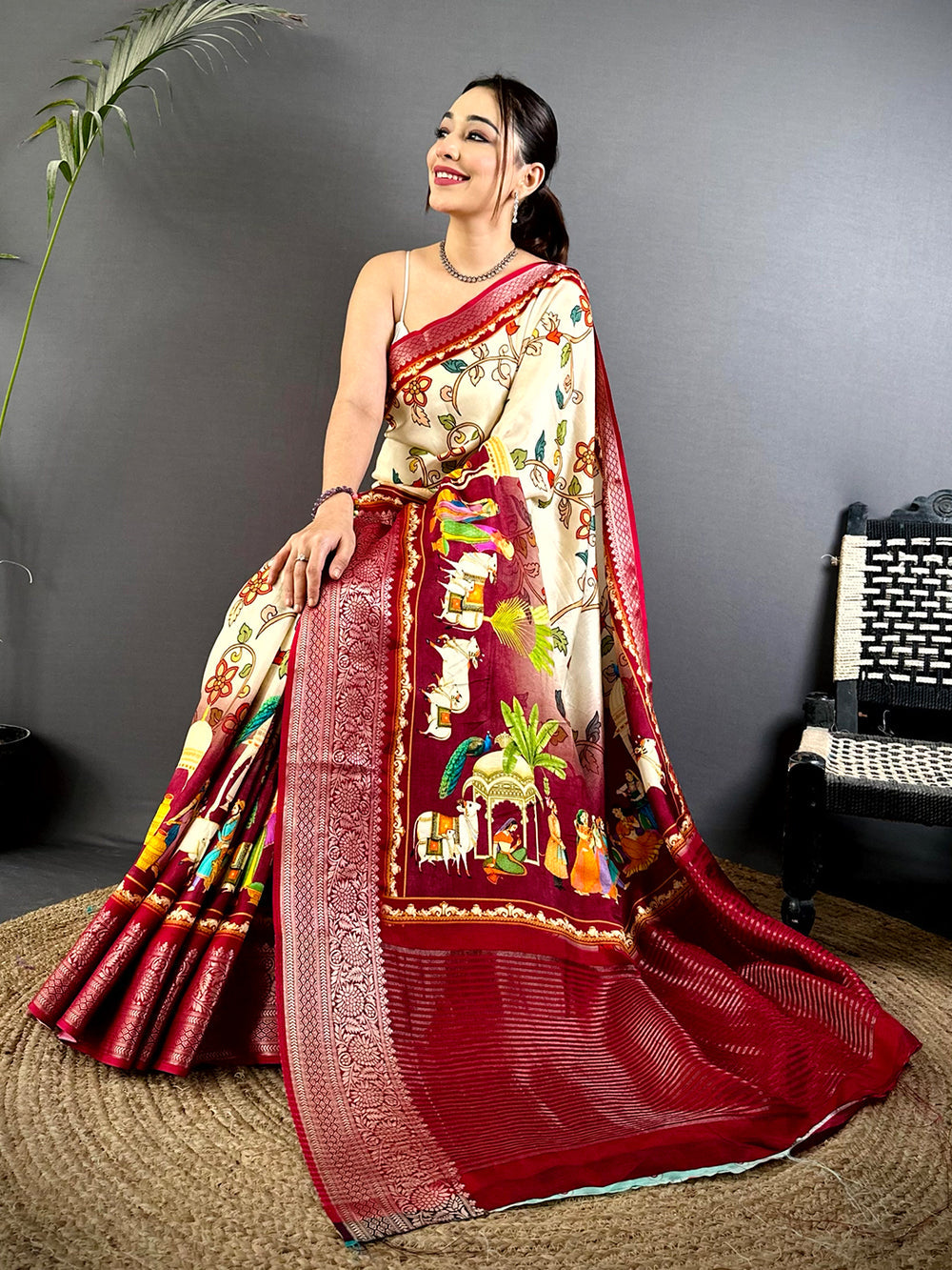 Cream Linen Silk Saree with Multicolor Floral Print & Maroon Zari Woven Border