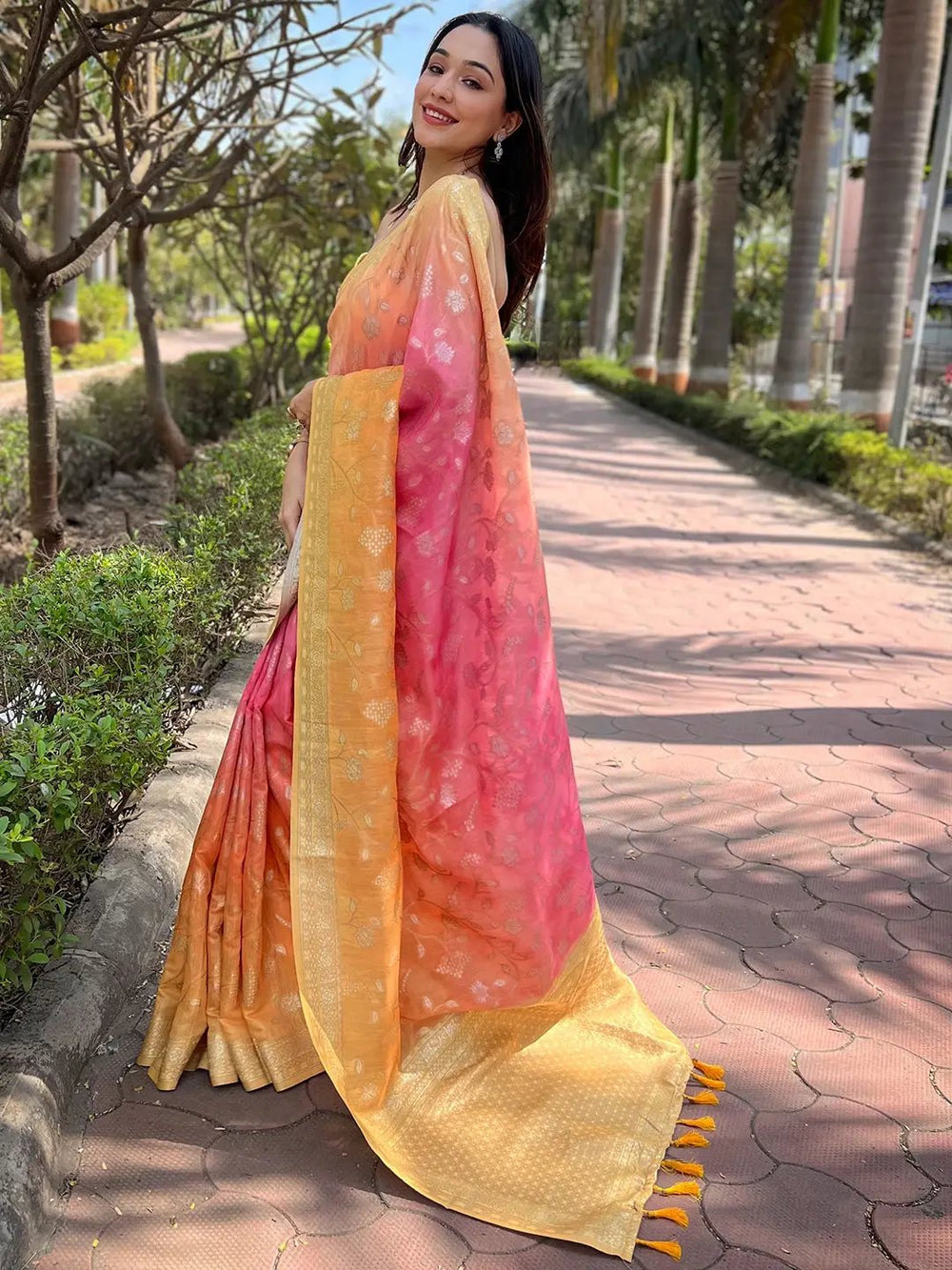 Yellow Pink Ombre Banarasi Silk Saree with Rich Zari Weaving & Traditional Pallu