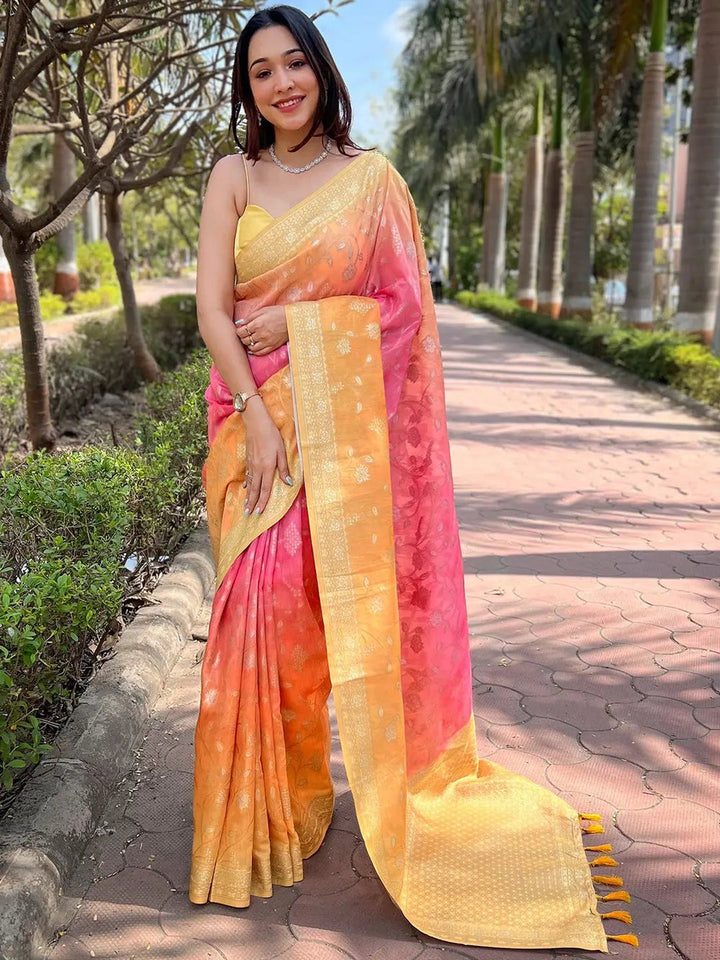 Yellow Pink Ombre Banarasi Silk Saree with Rich Zari Weaving & Traditional Pallu