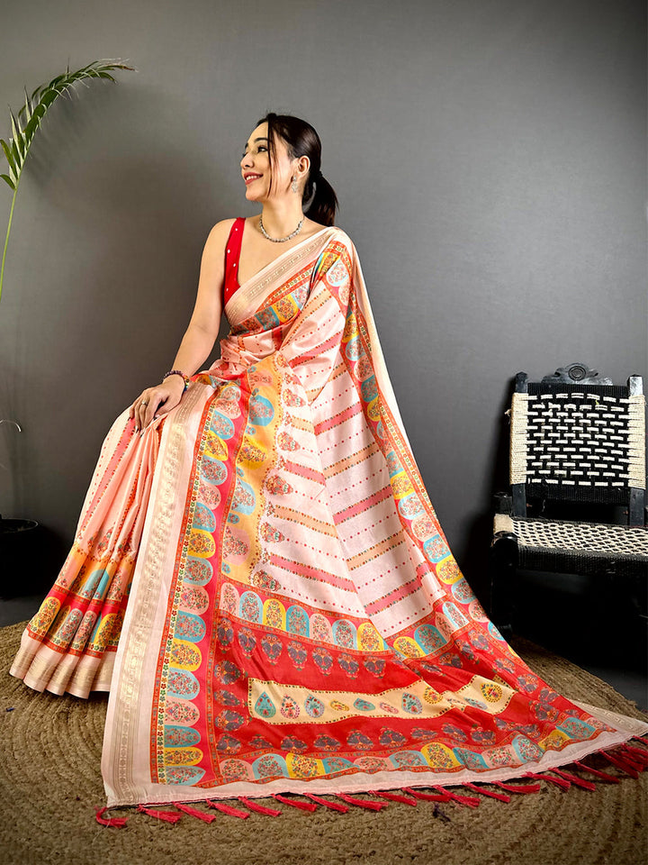 Peach Linen Silk Saree with Multicolor Traditional Print & Tassel Pallu