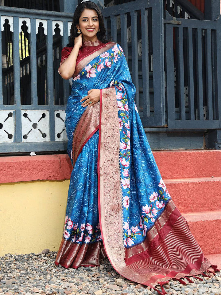 Royal Blue Banarasi Silk Saree with Floral Digital Print & Maroon Zari Border