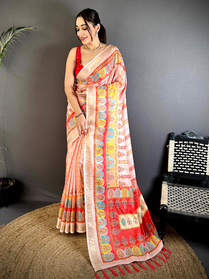 Peach Linen Silk Saree with Multicolor Traditional Print & Tassel Pallu