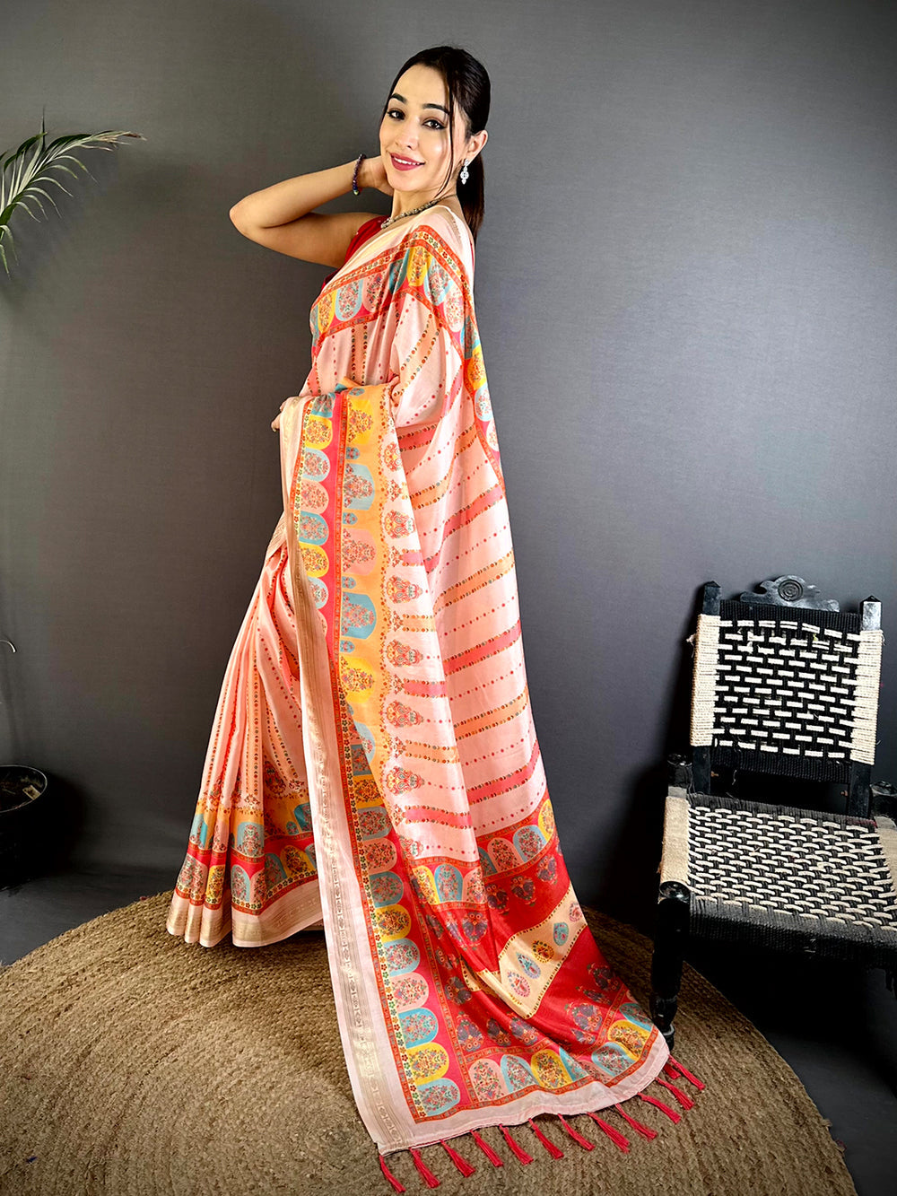Peach Linen Silk Saree with Multicolor Traditional Print & Tassel Pallu