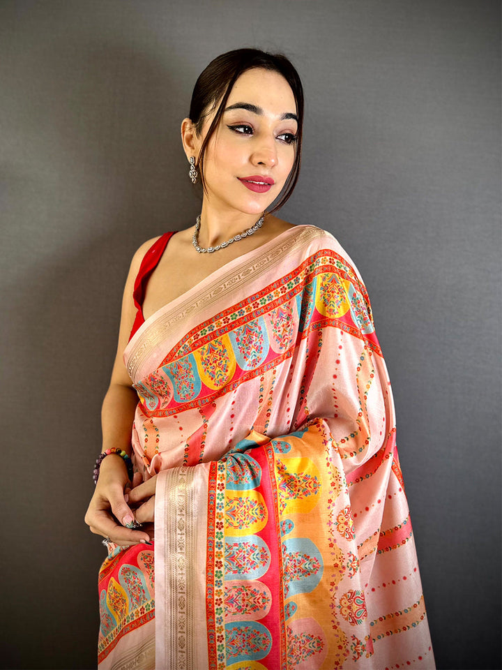 Peach Linen Silk Saree with Multicolor Traditional Print & Tassel Pallu