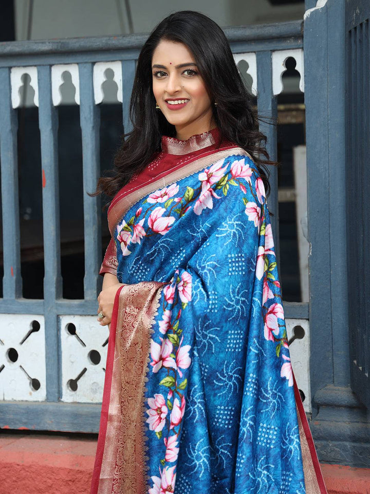 Royal Blue Banarasi Silk Saree with Floral Digital Print & Maroon Zari Border