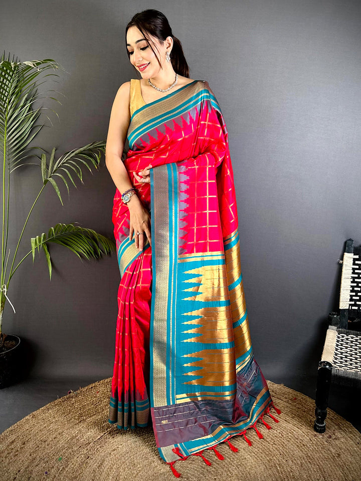Red Ikat Print Linen Silk Saree with Blue & Gold Zari Border