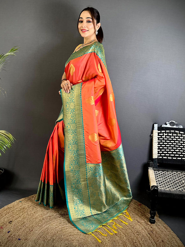 Orange Kanjivaram Style Linen Silk Saree with Green Zari Weaving & Golden Butta