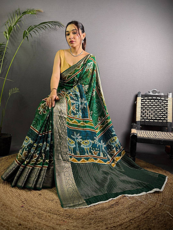 Green Linen Silk Saree with Artistic Digital Print & Zari Border