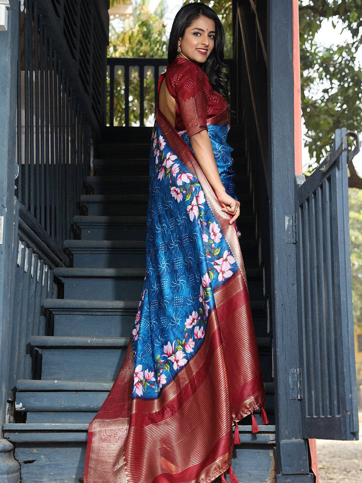 Royal Blue Banarasi Silk Saree with Floral Digital Print & Maroon Zari Border