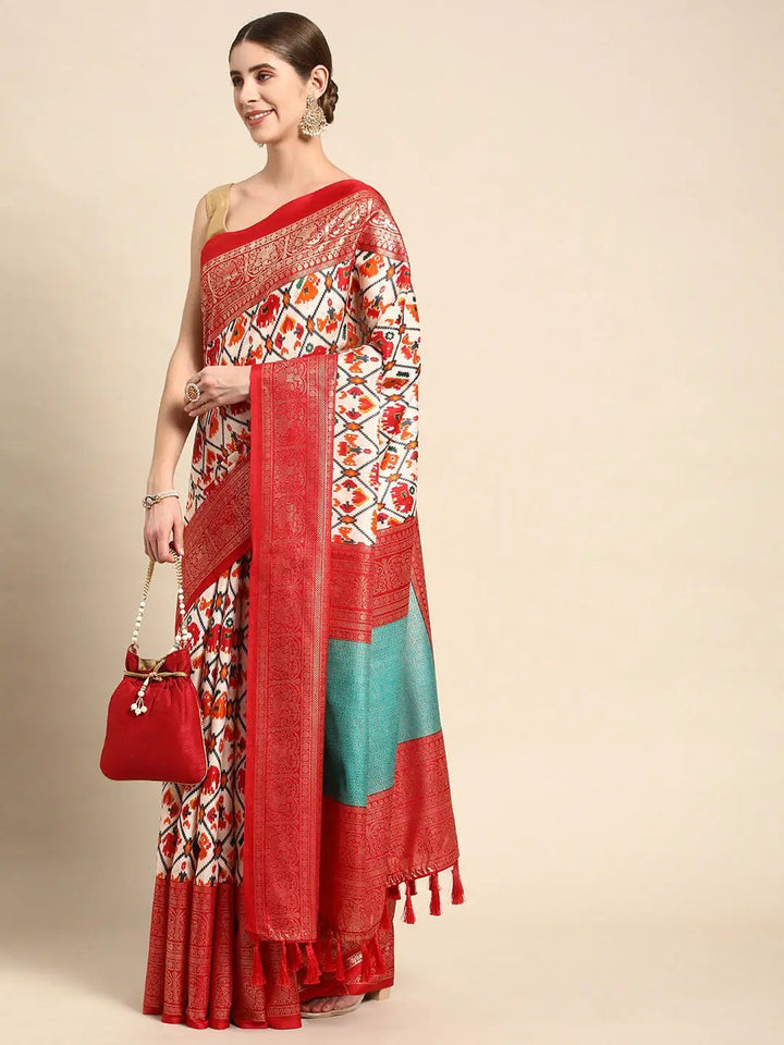 Red Ikat Print Linen Silk Saree with Rich Zari Border