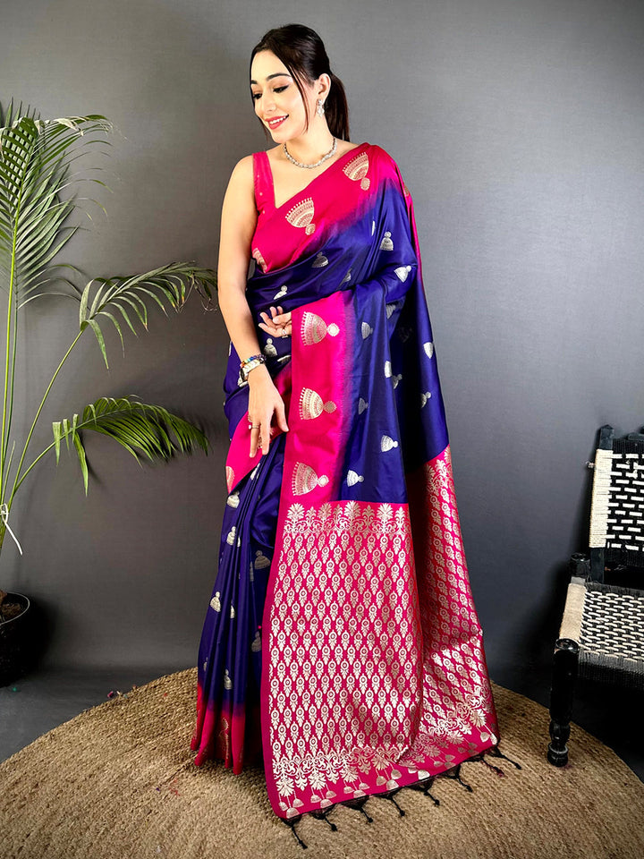 Royal Blue & Pink Banarasi Silk Saree with Silver Jhumka Motifs