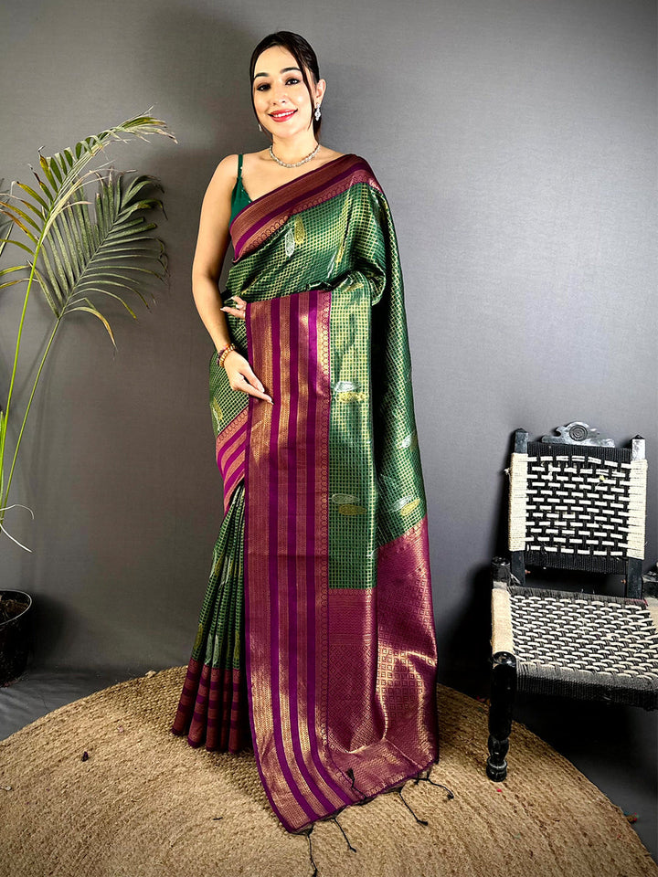 Green & Purple Banarasi Silk Saree with Gold Zari Weave