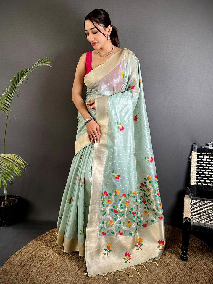 Mint Green Floral Woven Silk Saree with Cream Border