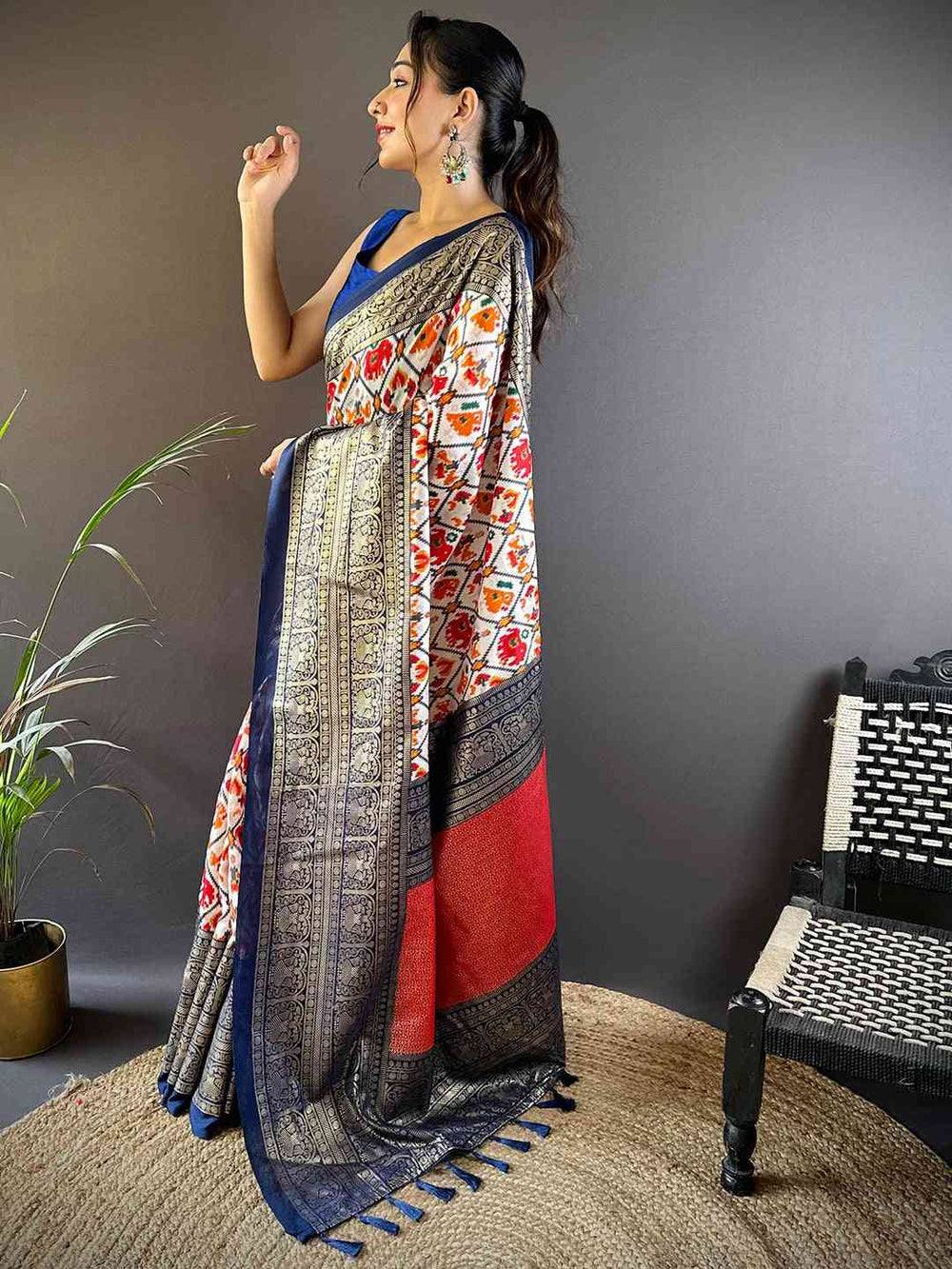 Navy Blue Patola Print Silk Saree with Red Pallu & Gold Zari Border