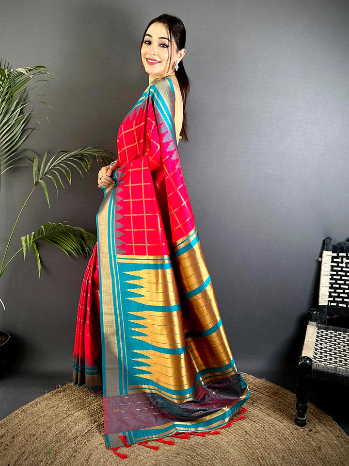 Red Ikat Print Linen Silk Saree with Blue & Gold Zari Border
