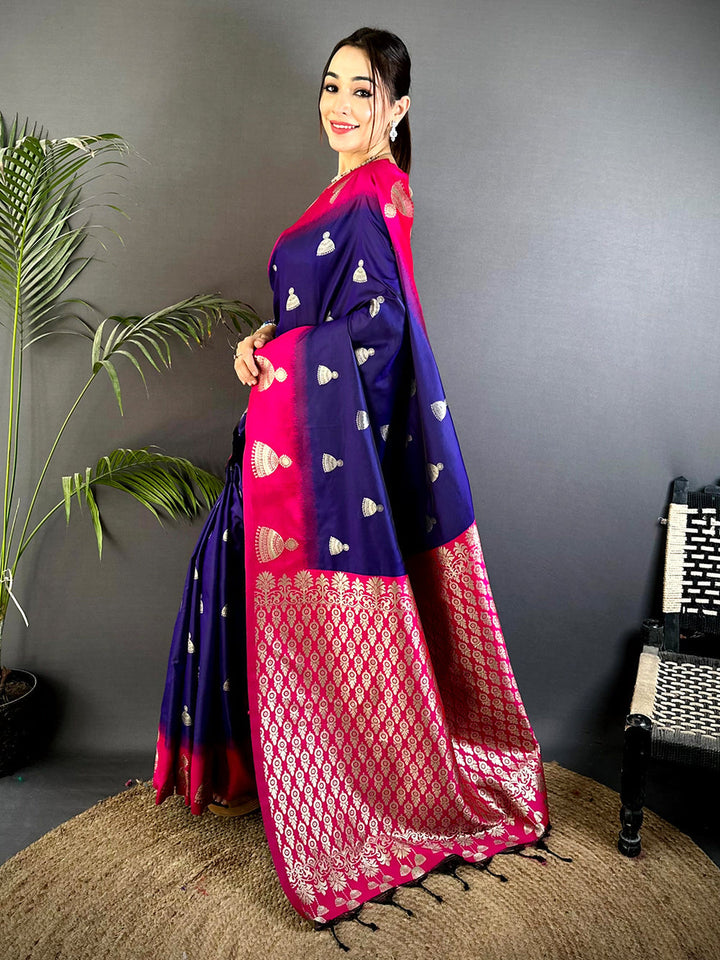 Royal Blue & Pink Banarasi Silk Saree with Silver Jhumka Motifs