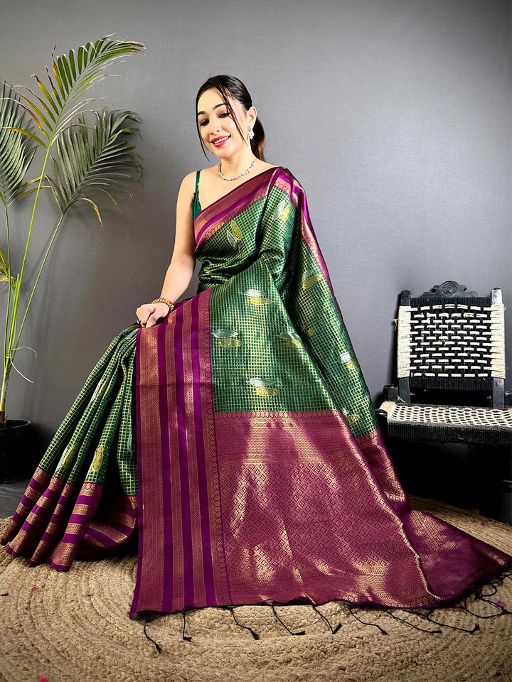 Green & Purple Banarasi Silk Saree with Gold Zari Weave