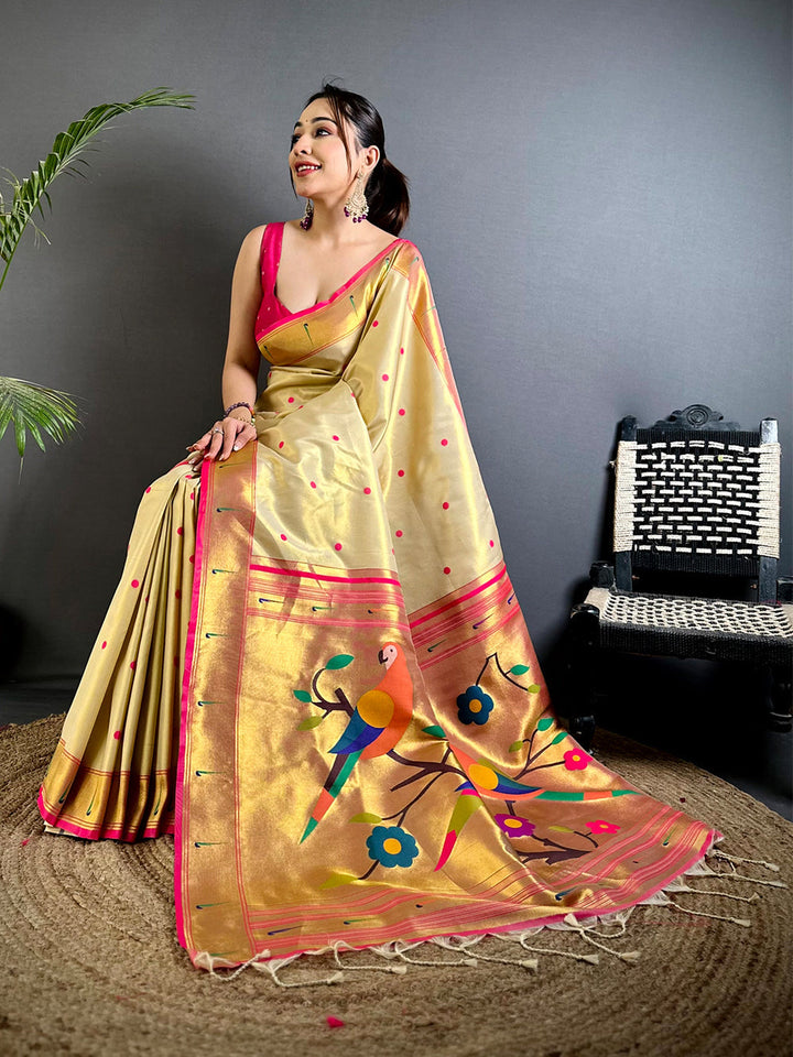 Cream & Pink Woven Silk Saree with Bird Motif Pallu