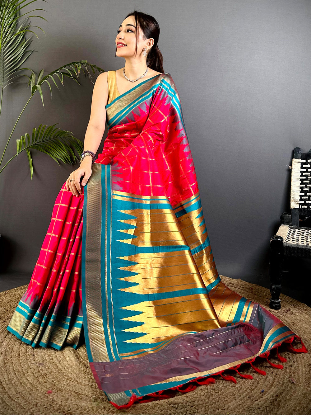 Red Ikat Print Linen Silk Saree with Blue & Gold Zari Border