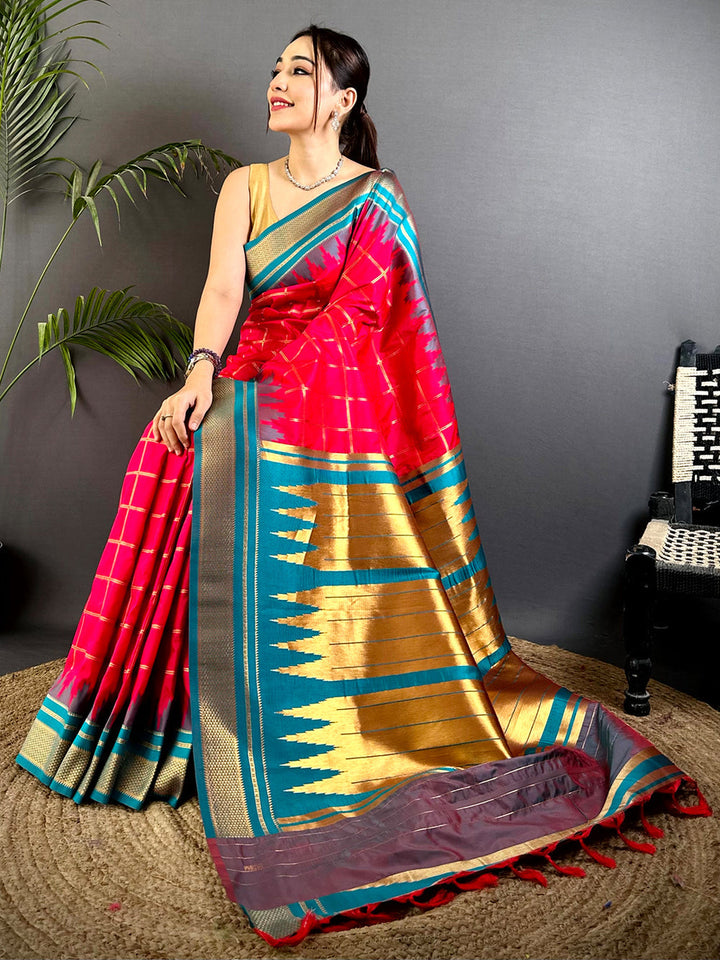 Red Ikat Print Linen Silk Saree with Blue & Gold Zari Border