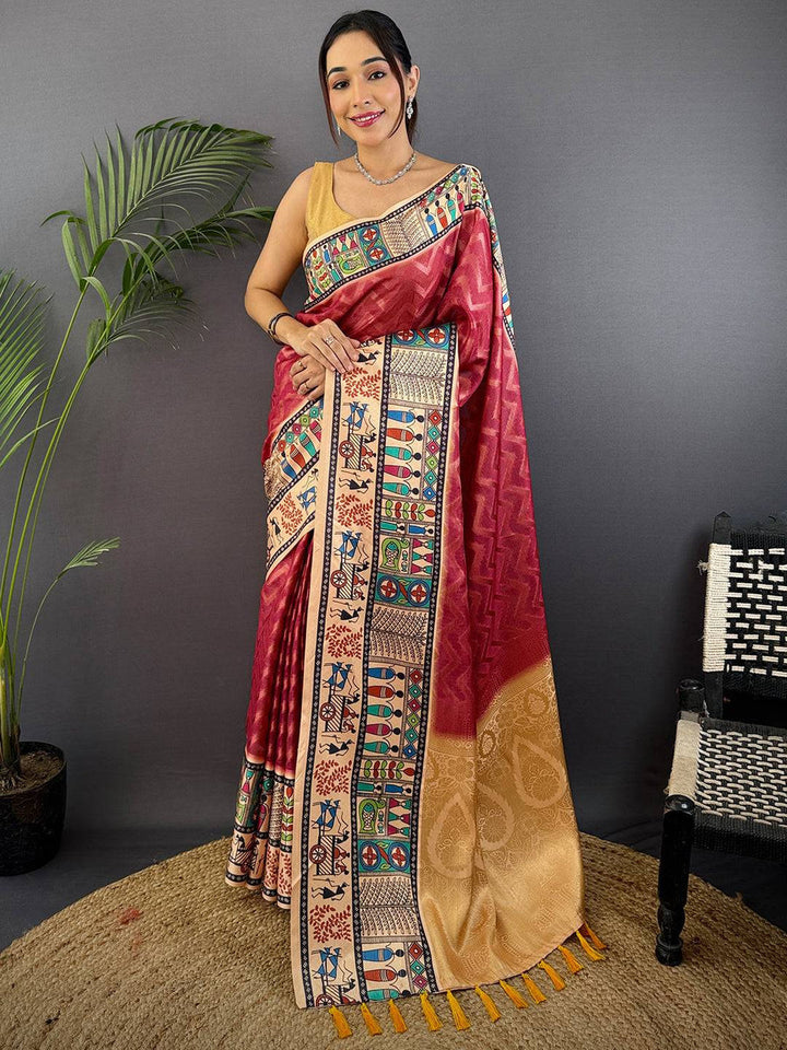 Maroon & Beige Madhubani Printed Silk Saree with Gold Zari Pallu