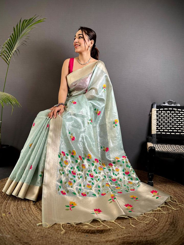 Mint Green Floral Woven Silk Saree with Cream Border