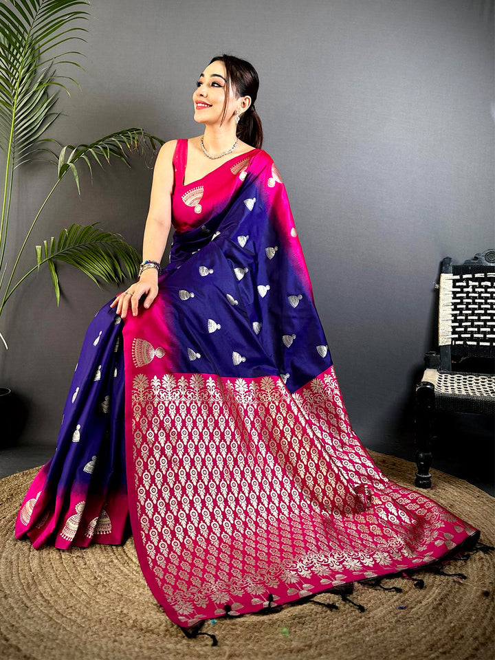 Royal Blue & Pink Banarasi Silk Saree with Silver Jhumka Motifs