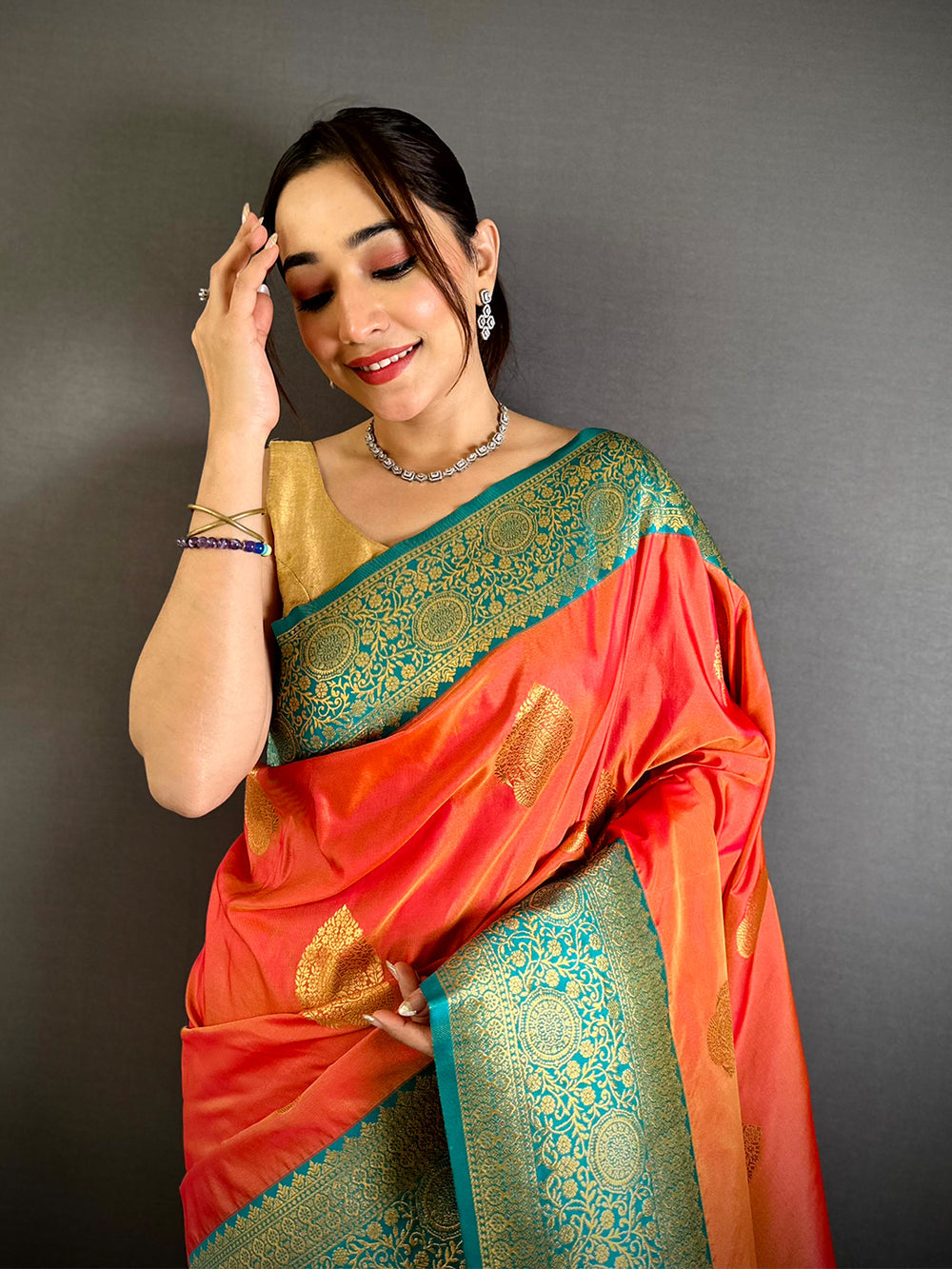 Orange Kanjivaram Style Linen Silk Saree with Green Zari Weaving & Golden Butta