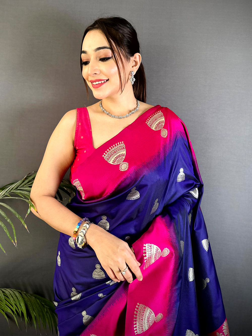 Royal Blue & Pink Banarasi Silk Saree with Silver Jhumka Motifs