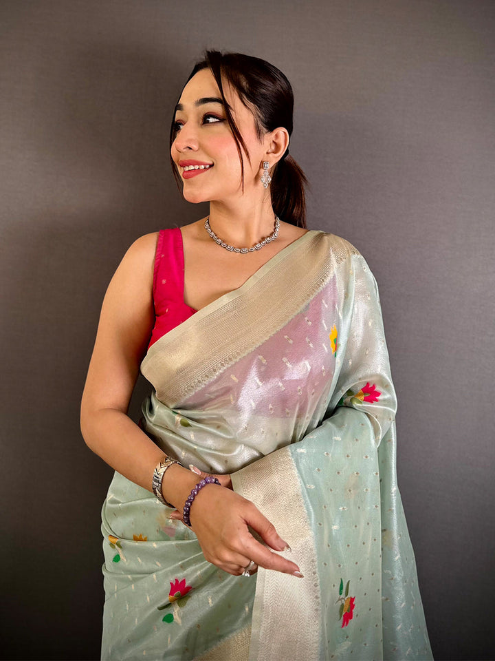 Mint Green Floral Woven Silk Saree with Cream Border