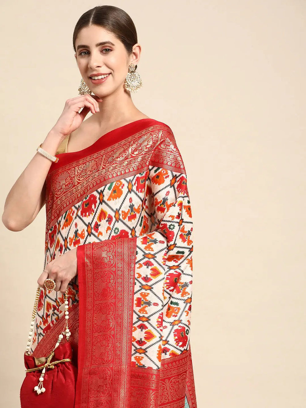 Red Ikat Print Linen Silk Saree with Rich Zari Border