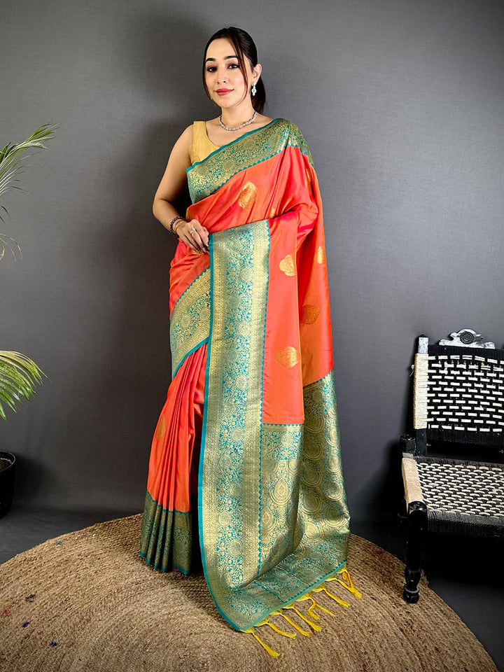 Orange Kanjivaram Style Linen Silk Saree with Green Zari Weaving & Golden Butta
