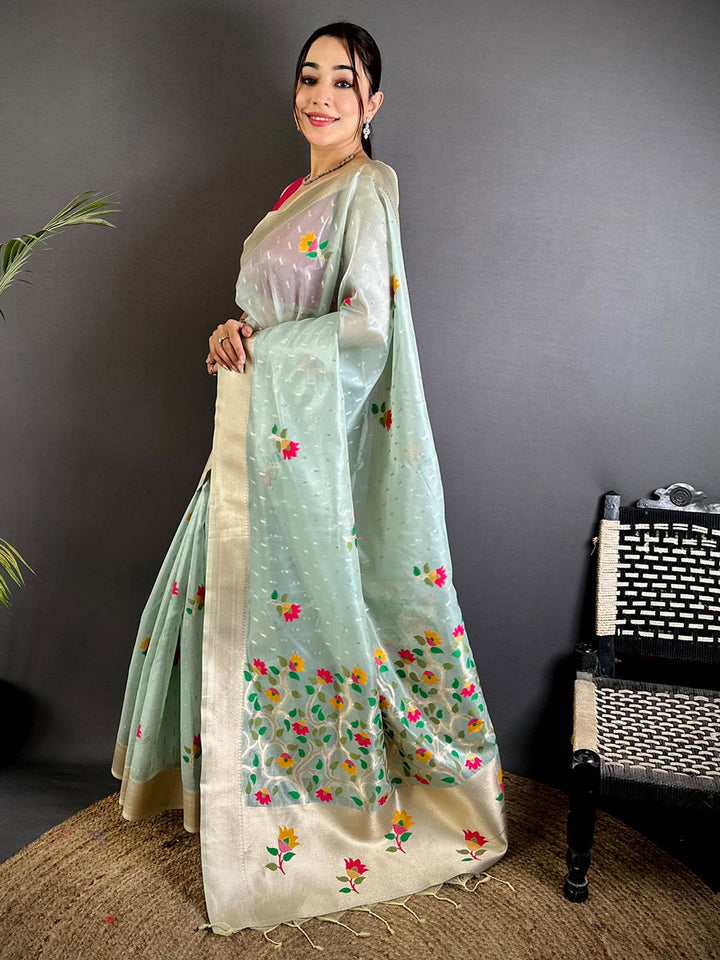 Mint Green Floral Woven Silk Saree with Cream Border