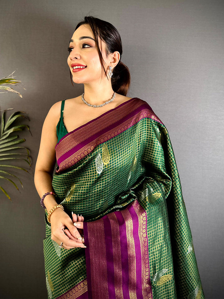 Green & Purple Banarasi Silk Saree with Gold Zari Weave