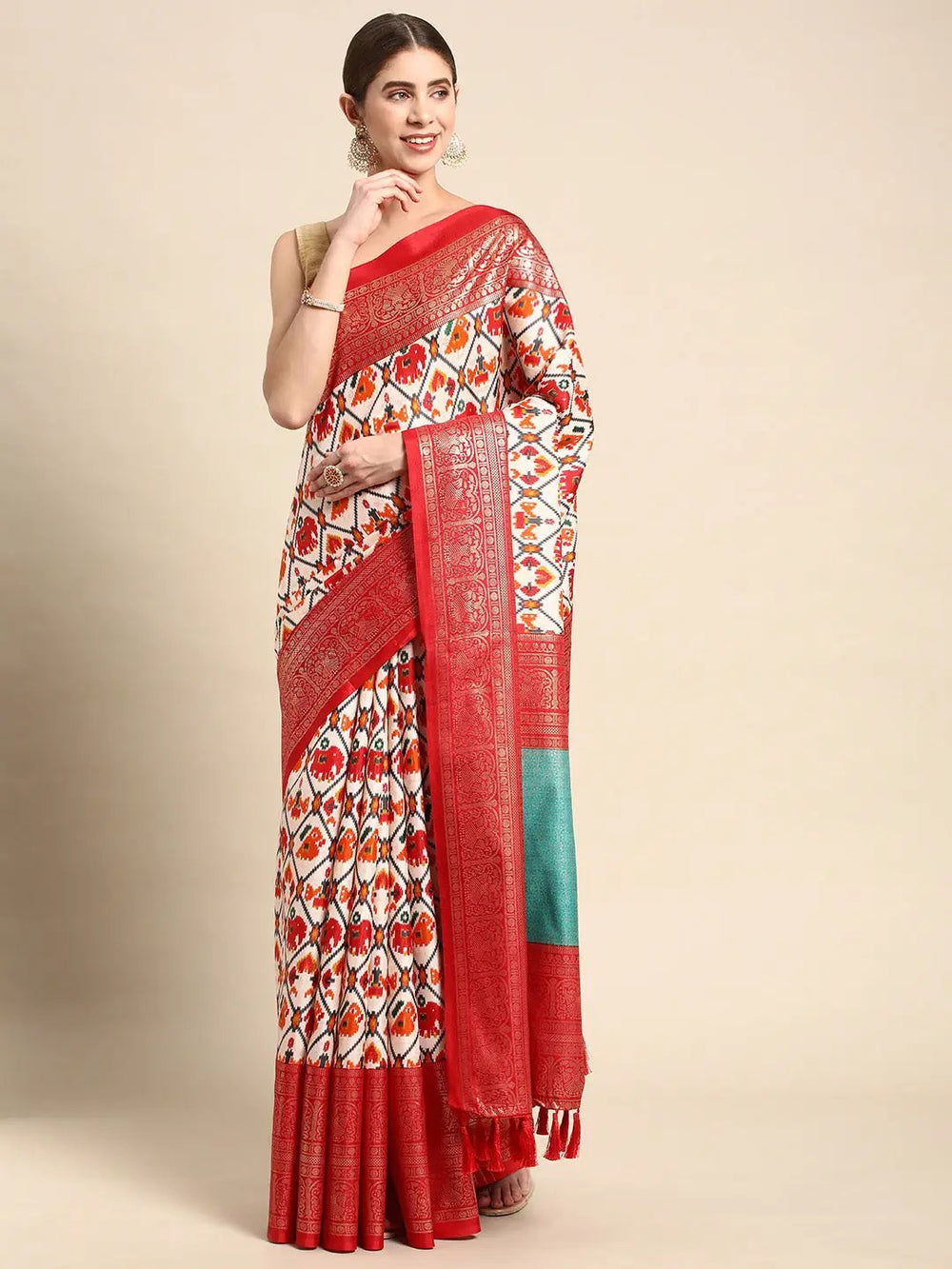 Red Ikat Print Linen Silk Saree with Rich Zari Border