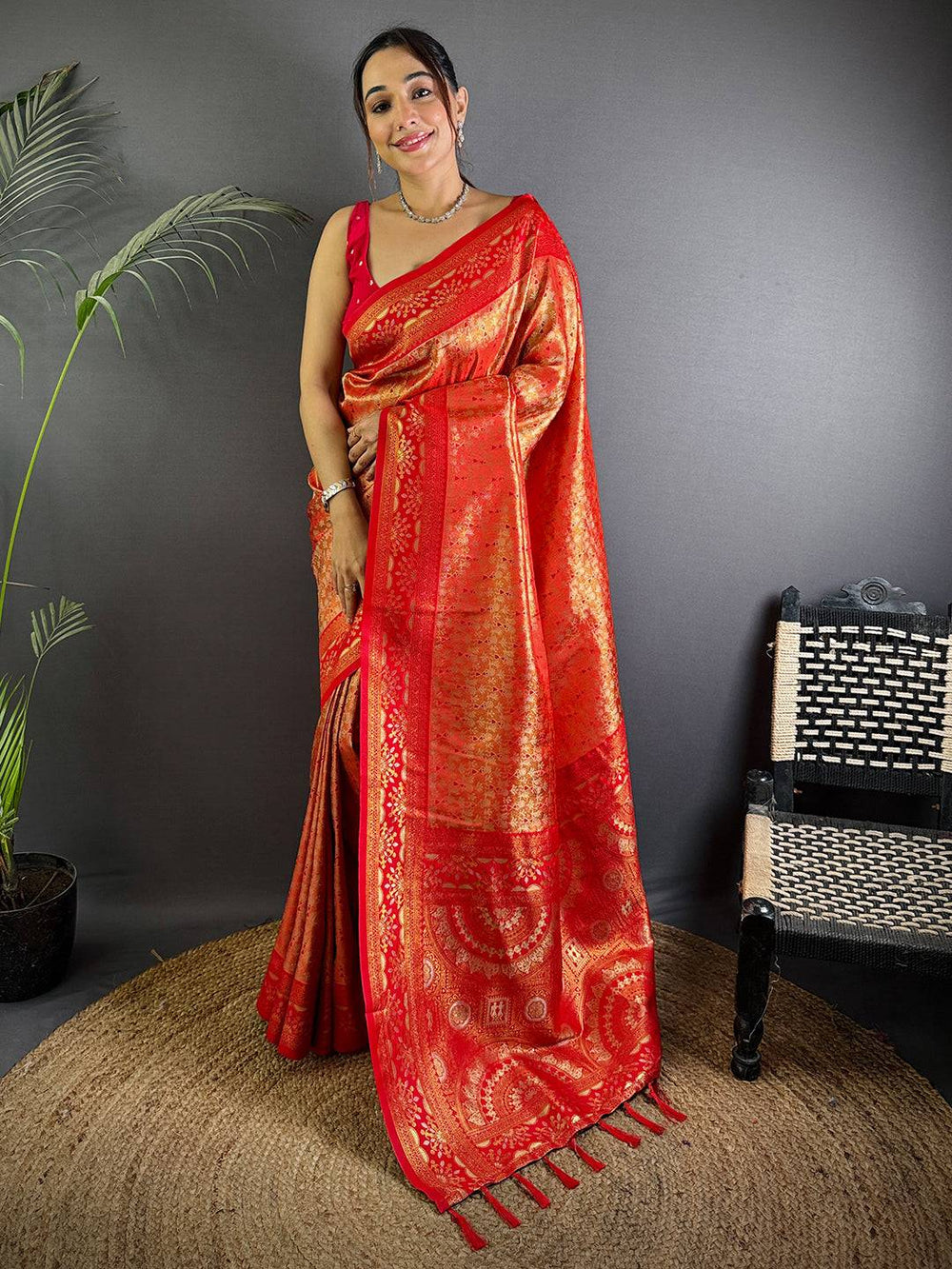 Red Banarasi Silk Saree with Rich Golden Zari Weaving
