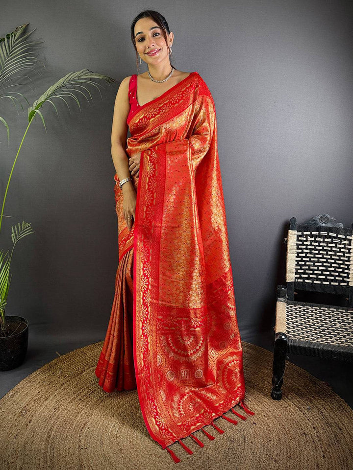 Red Banarasi Silk Saree with Rich Golden Zari Weaving