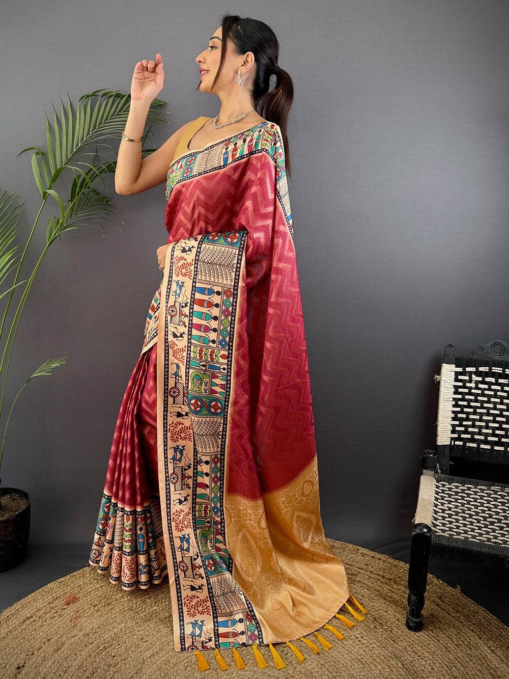 Maroon & Beige Madhubani Printed Silk Saree with Gold Zari Pallu