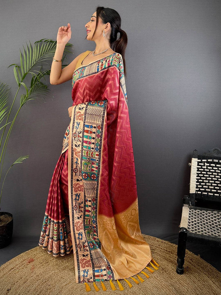 Maroon & Beige Madhubani Printed Silk Saree with Gold Zari Pallu