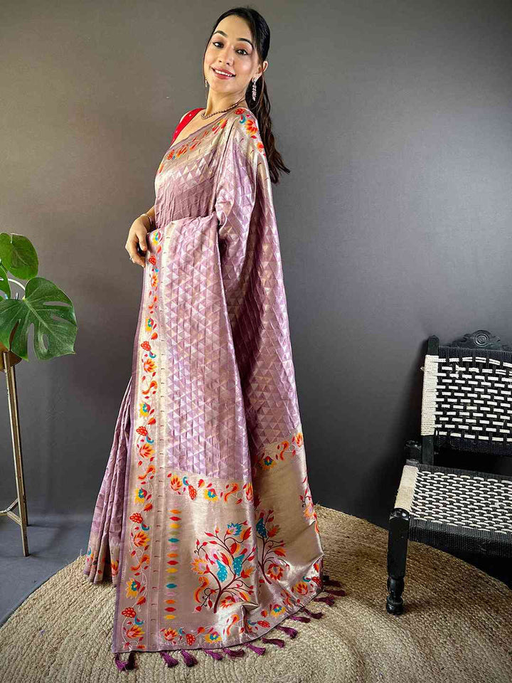 Lavender Banarasi Silk Saree with Geometric Weave & Multi Color Digital Floral Border