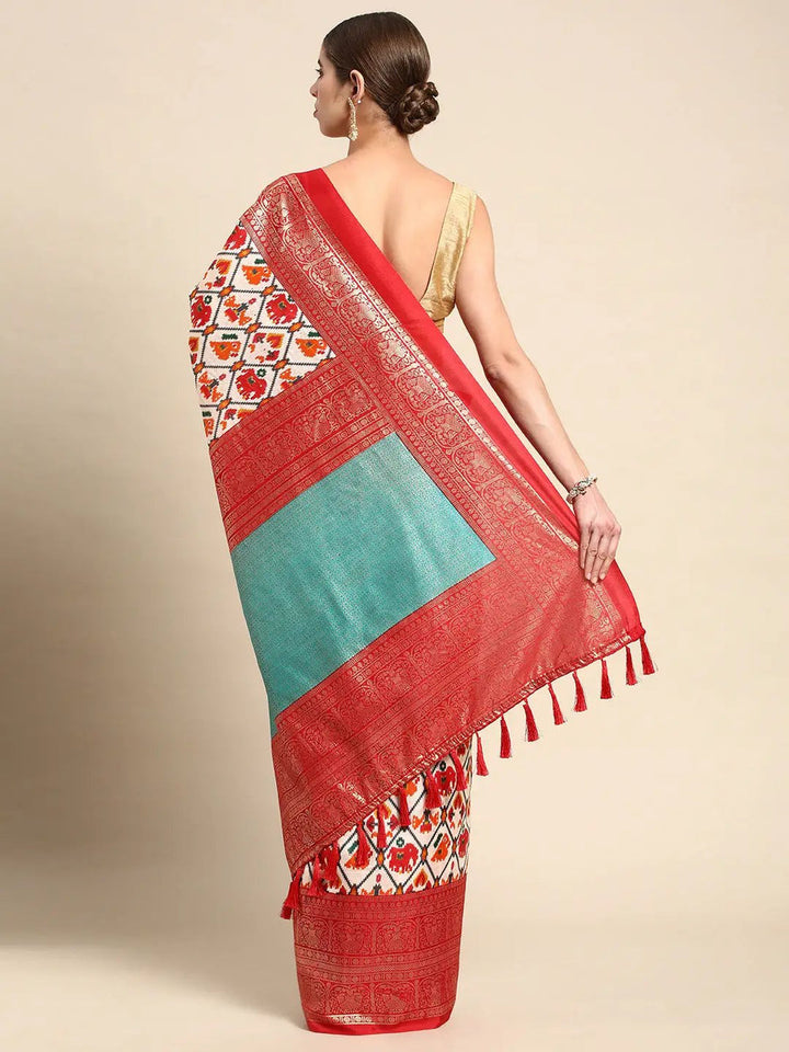 Red Ikat Print Linen Silk Saree with Rich Zari Border