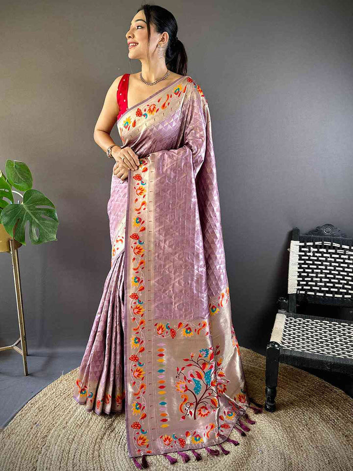 Lavender Banarasi Silk Saree with Geometric Weave & Multi Color Digital Floral Border