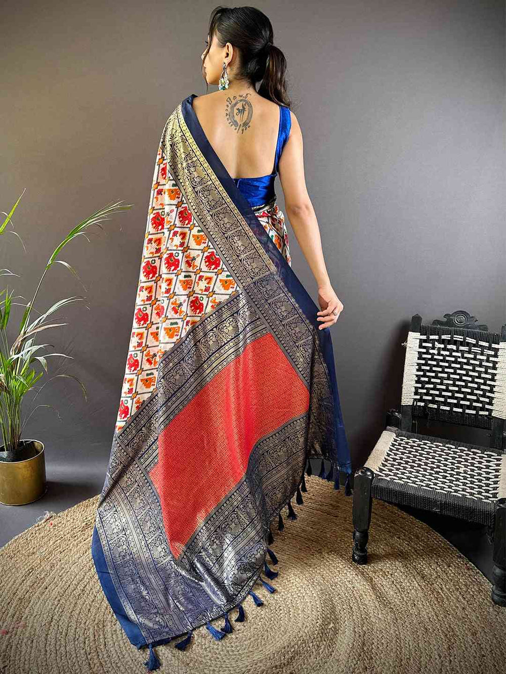 Navy Blue Patola Print Silk Saree with Red Pallu & Gold Zari Border