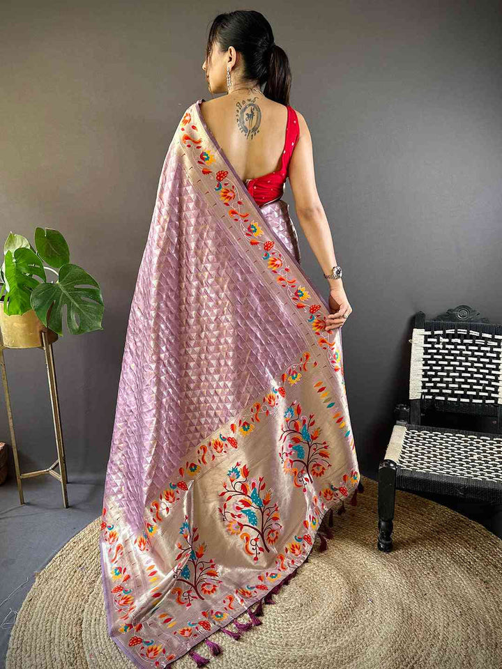 Lavender Banarasi Silk Saree with Geometric Weave & Multi Color Digital Floral Border