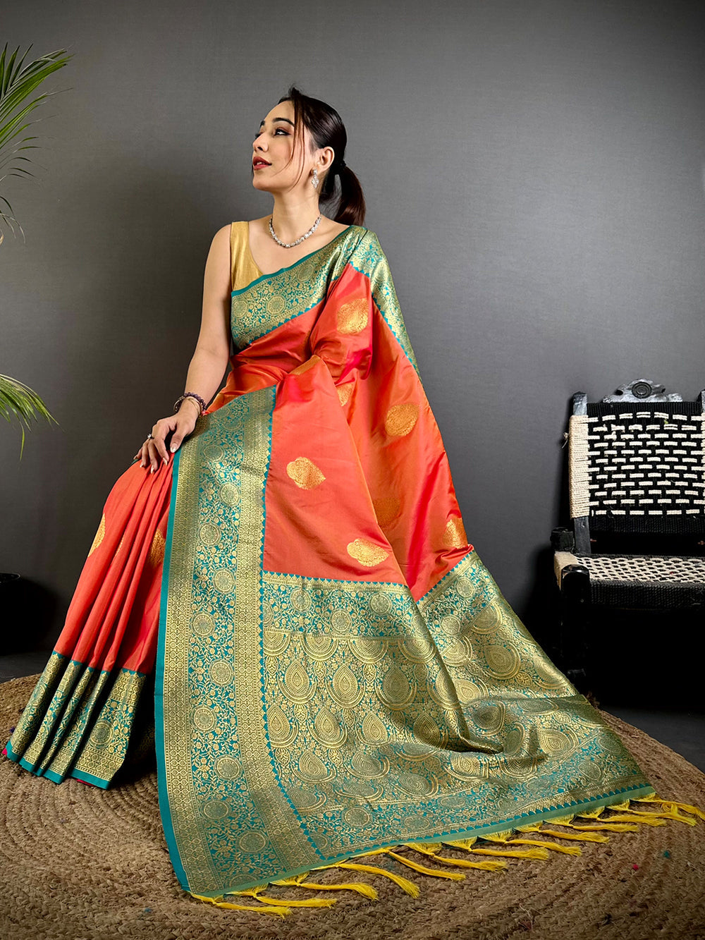 Orange Kanjivaram Style Linen Silk Saree with Green Zari Weaving & Golden Butta
