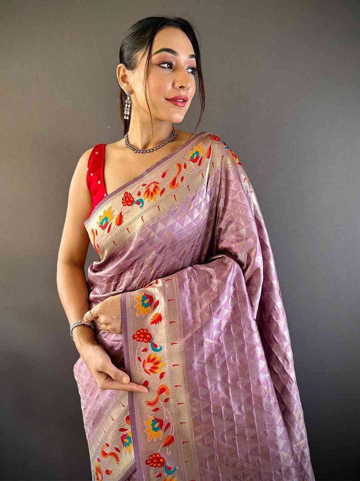 Lavender Banarasi Silk Saree with Geometric Weave & Multi Color Digital Floral Border