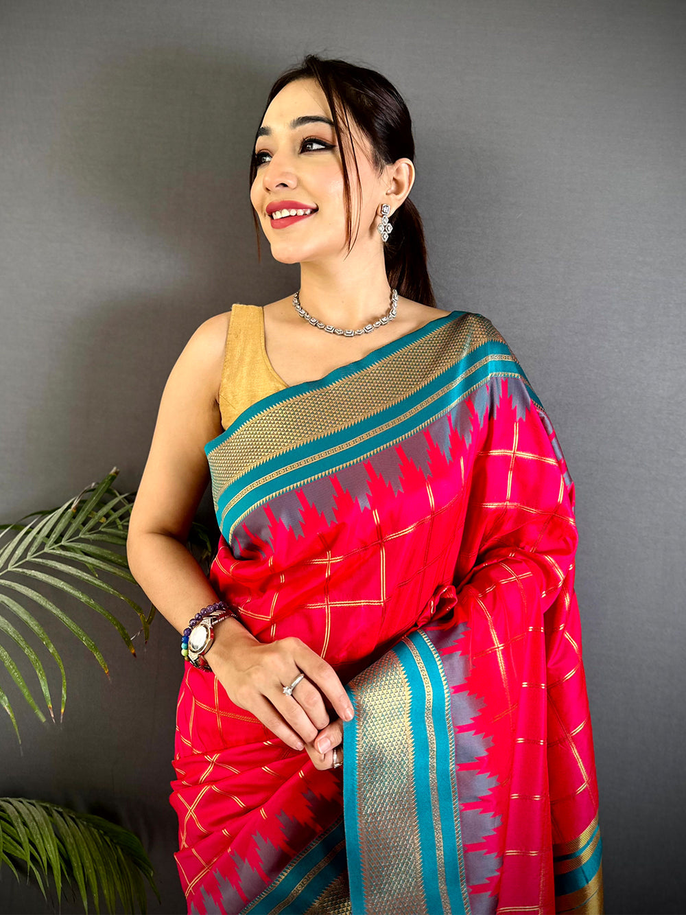 Red Ikat Print Linen Silk Saree with Blue & Gold Zari Border