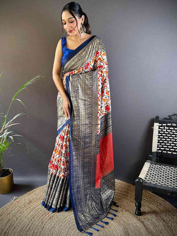 Navy Blue Patola Print Silk Saree with Red Pallu & Gold Zari Border