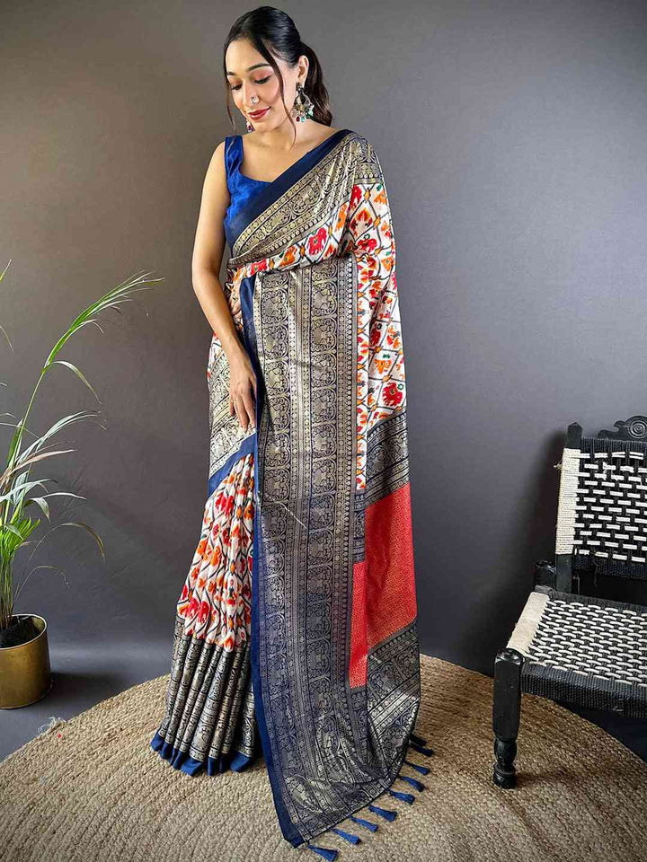 Navy Blue Patola Print Silk Saree with Red Pallu & Gold Zari Border