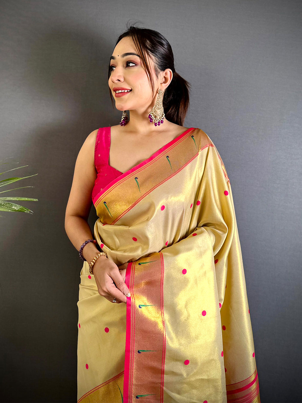 Cream & Pink Woven Silk Saree with Bird Motif Pallu